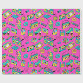 レトロ80sおもしろいネオンピンク明るい音楽パターンガーリー ラッピングペーパー (フラット)