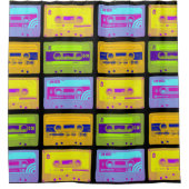 レトロ80sアポップ・アートのートカセットテープ シャワーカーテン (正面)