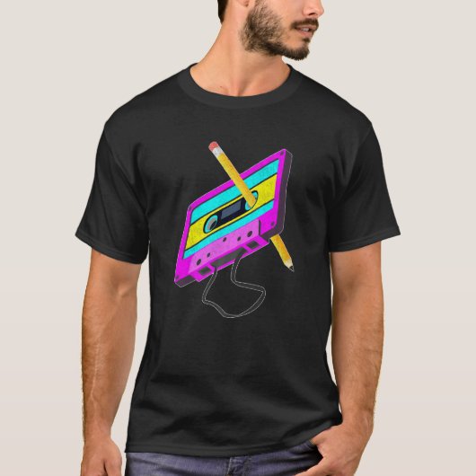 レトロ80sカセットテープ鉛筆スローバックミュージックミックス tシャツ (正面)