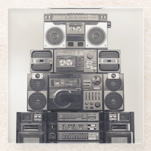 レトロ80sカセットレコーダーのパターン。 ガラスコースター (正面)