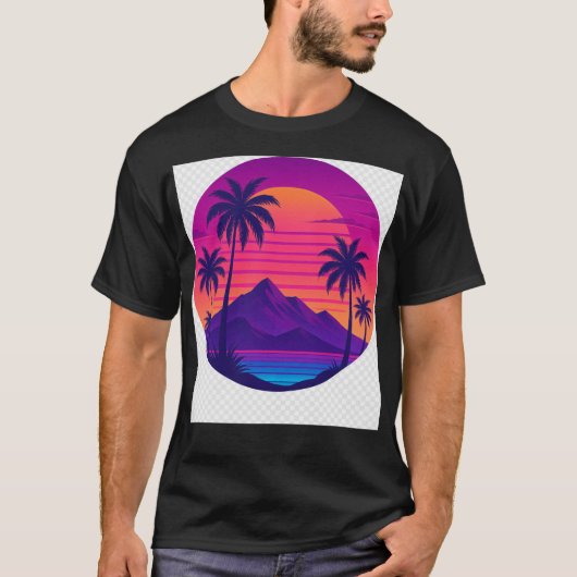 レトロ80sサンセットとヤシの木 – Synthwave Aesth Tシャツ (正面)
