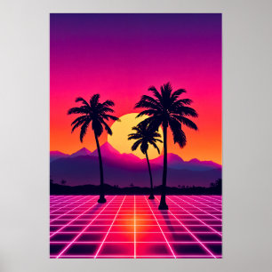 レトロ80sサンセットグリッド ポスター