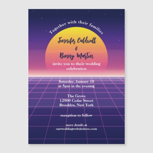 レトロ80sネオンパープルシントウェーブサンセット結婚ズ マグネット招待状 (正面)