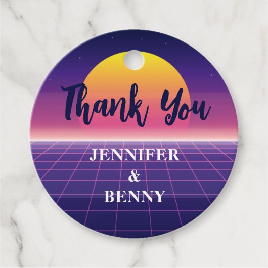 レトロ80sネオンパープル合成波サンセットサンセットありがとう フェイバータグ (正面)