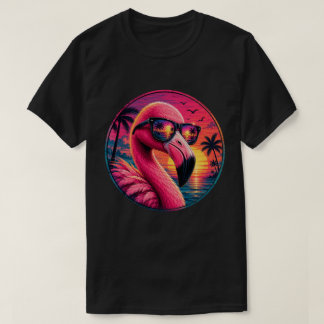 レトロ80'sネオンフラミンゴサンセットサングラス tシャツ