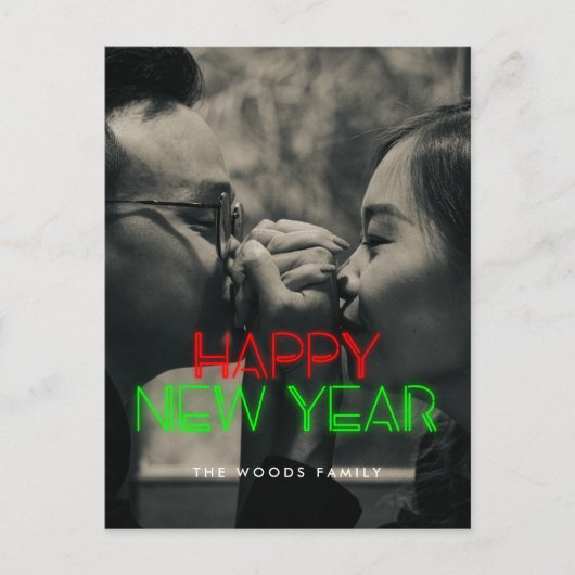 レトロ80sネオンライトハッピー新年の写真 シーズンポストカード (正面)