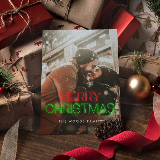 レトロ80sネオンライトメリークリスマスフォト シーズンポストカード