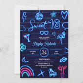 レトロ80sネオンレーザーグロースウィート16ネイビーブルーレンガ 招待状 (正面)