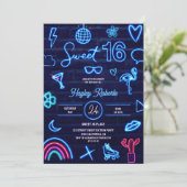レトロ80sネオンレーザーグロースウィート16ネイビーブルーレンガ 招待状 (スタンド正面)