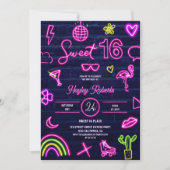 レトロ80sネオンレーザーグロースウィート16ネイビーブルーレンガ 招待状 (正面)