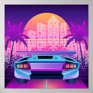 レトロ80sネオンVAPORWAVEシティサンセットアンドカー ポスター