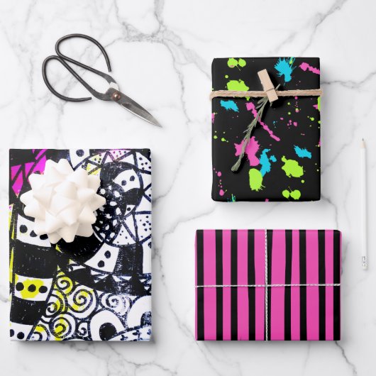 レトロ80s絵を描(ばちゃばちゃ)跳ねるストライプグラフィティドードル ラッピングペーパーシート (正面)