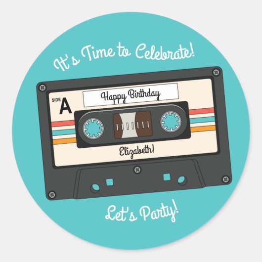 レトロ80's 90'sカセットテープ音楽誕生日パーティー ラウンドシール (正面)