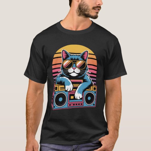 レトロ80s Cat with Sunglasses - Synthwave子猫 Tシャツ (正面)