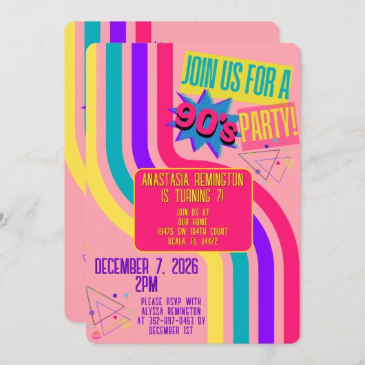 レトロ90のパーティーピンクノスタルジック誕生日 招待状 (正面/裏面)