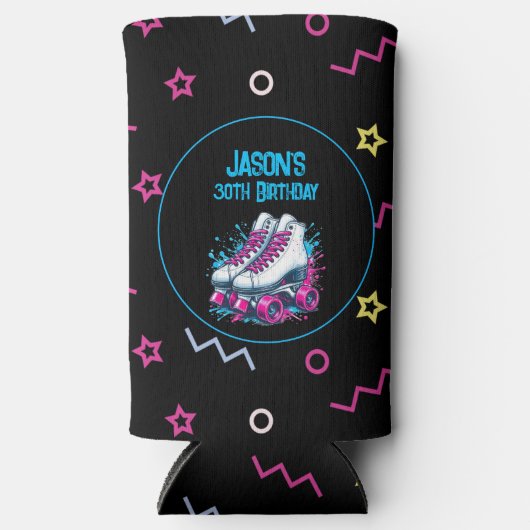 レトロ90のローラースケートで滑る誕生日パーティー スリム缶クーラー (正面)