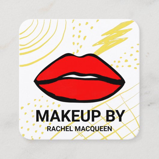 レトロ90の赤い黄色の幾何学唇のメイクアップ スクエア名刺 (正面)