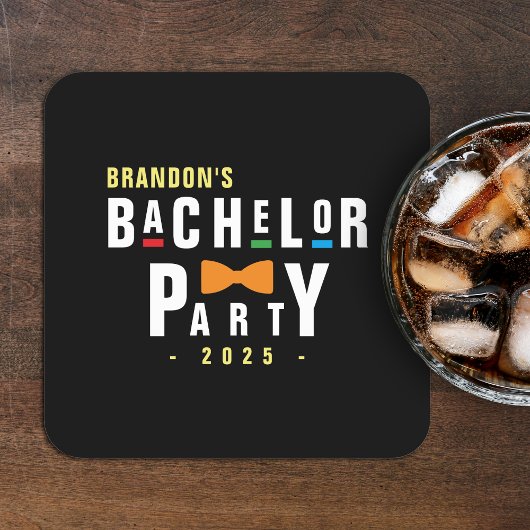 レトロ90年代カラフル蝶ネクタイ独身パーティー黒 スクエアペーパーコースター