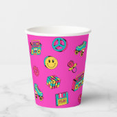レトロ90年代パーティーピンクティール（緑がかった色）黄色かわいいパターン 紙コップ (正面)