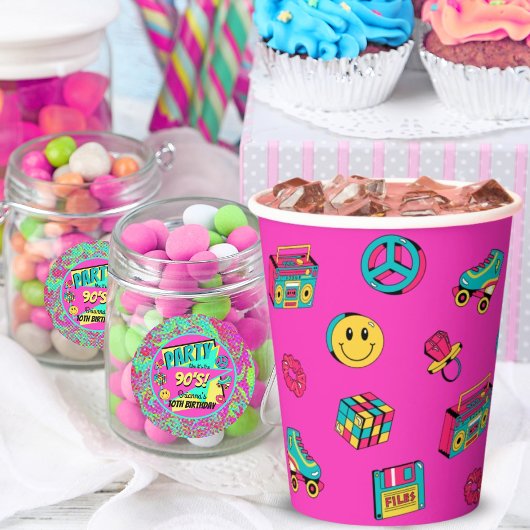 レトロ90年代パーティーピンクティール（緑がかった色）黄色かわいいパターン 紙コップ