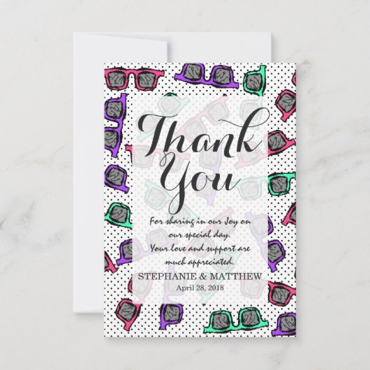 レトロ90sサングラスがピンクのティール(緑がかった色)紫でスケッチ サンキューカード (正面)