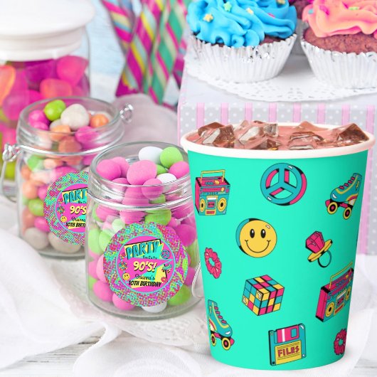 レトロ90sパターンアクアピンクティール（緑がかった色）誕生日パーティー 紙コップ