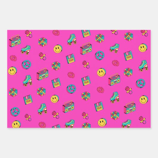 レトロ90s模様パープルピンクティール（緑がかった色）パーティー ラッピングペーパーシート (正面)