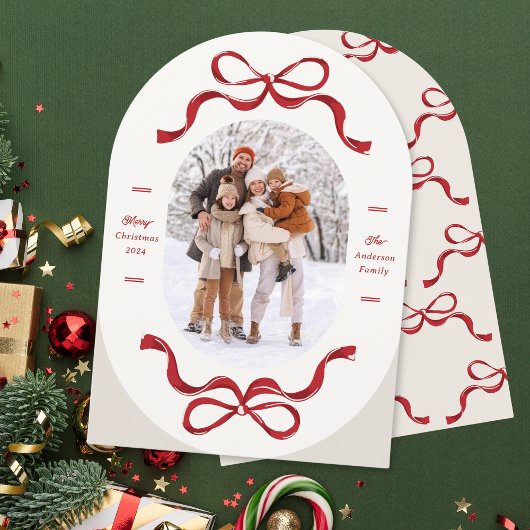 レトロ おしゃれ 赤いリボン オーバル フォト アーチ ホリデー カード