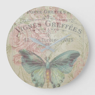 レトロ，みすぼらしいシック，ヴィンテージ，田舎風，花模様,b ラージ壁時計