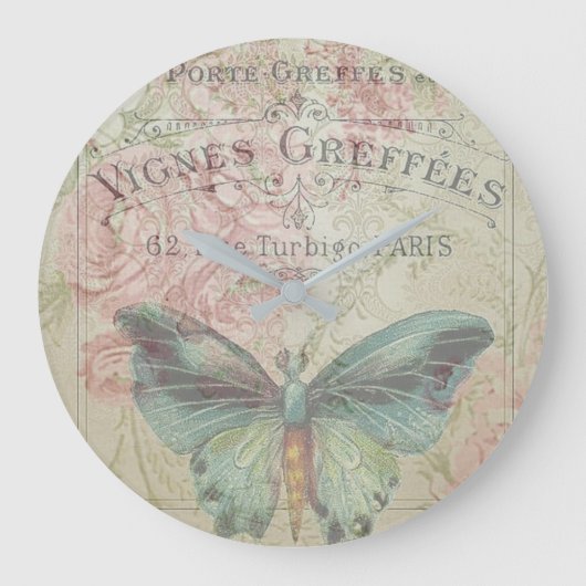 レトロ，みすぼらしいシック，ヴィンテージ，田舎風，花模様,b ラージ壁時計 (正面)