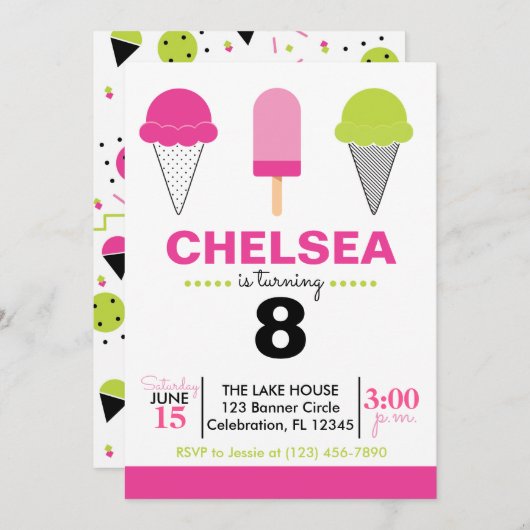 レトロ アイスクリーム 誕生日 招待状 – ピンク & ミント (正面/裏面)