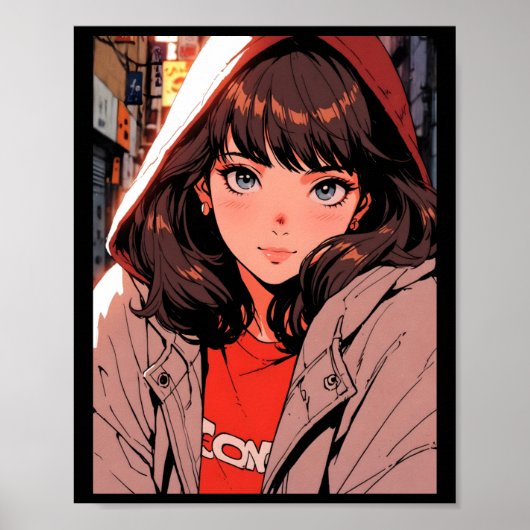 レトロ・アニメ・もこもこパーカー・女の子・夜・街の灯り・スティ ポスター (正面)