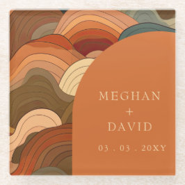 レトロ アブストラクト ウェーブ アーチ アースィー テラコッタ オレンジ ガラスコースター