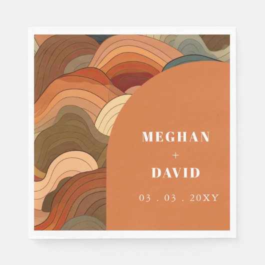 レトロ アブストラクト ウェーブ アーチ アースィー テラコッタ オレンジ スタンダードランチョンナプキン (正面)