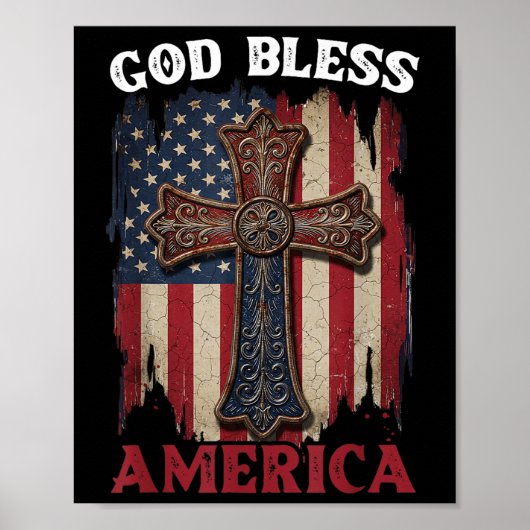 レトロ アメリカを神が祝福します 愛国旗 十字架付き ポスター (正面)