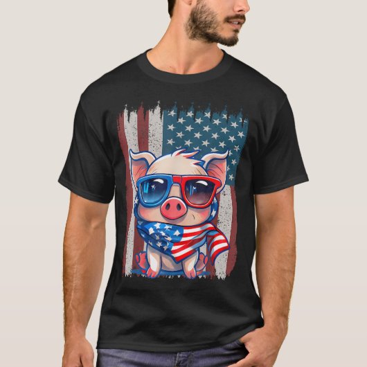 レトロ アメリカ国旗 豚 パパ ママ 7月4日 Tシャツ (正面)