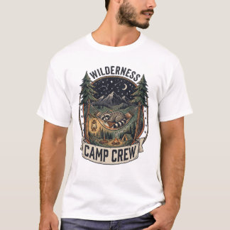 レトロ・アライグマ・キャンピング・ハンモック・ウィルダネス・キャンプ・クルー Tシャツ