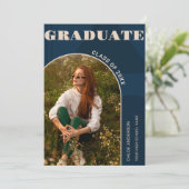 レトロ アーチ ネイビーブルー フォト 卒業発表 招待状 (スタンド正面)