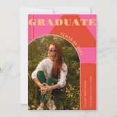 レトロ アーチ ピンク & オレンジ フォト 卒業 招待状 (正面)