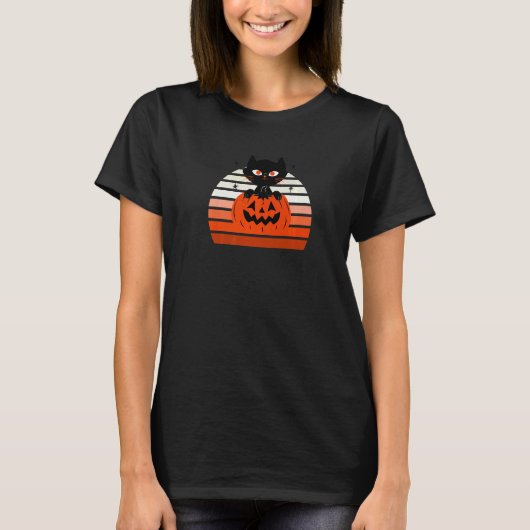 レトロ エバーグリーン 好奇心旺盛な猫 カボチャ 夕焼け Tシャツ (正面)