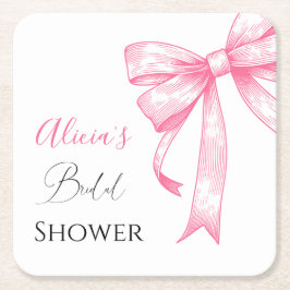 レトロ エレガント コケッタ ピンク ボウ ブライダル シャワー スクエアペーパーコースター