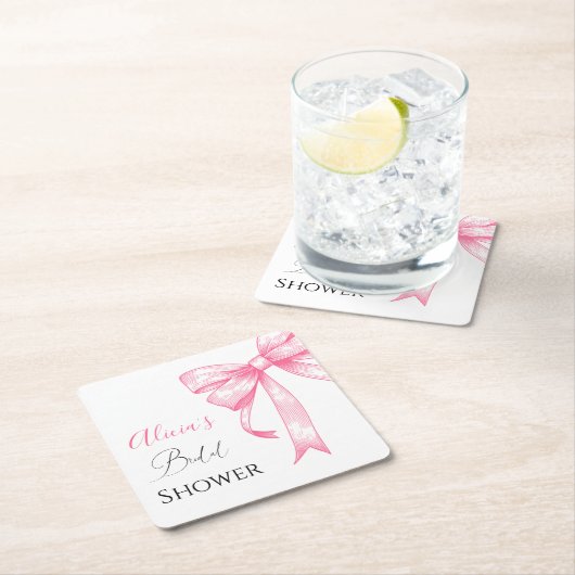 レトロ エレガント コケッティ ピンク ボウ ブライダル シャワー スクエアペーパーコースター (インサイチュ)