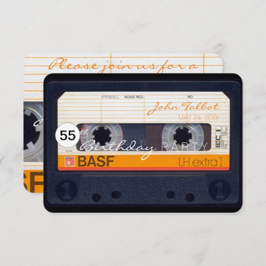 レトロ・オーディオテープ55歳誕生日パーティーの招待 招待状 (正面/裏面)