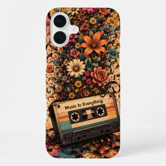 レトロ・カセットとワイルドフラワー | ビンテージ音楽愛好家 iPhoneケース (裏面)