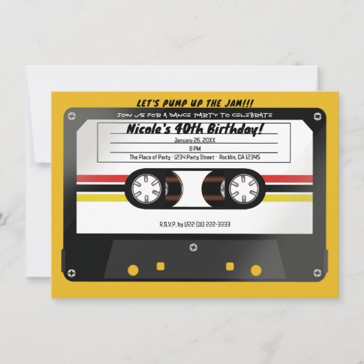 レトロ カセットテープ 黄色 90年代 誕生日パーティー 招待状 (正面)