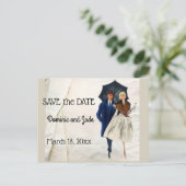 レトロ カップル傘でSave The Date 案内ポストカード (スタンド正面)