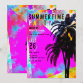 レトロ カラフル サマータイム ビーチパーティー ヤシの木 招待状 (正面/裏面)