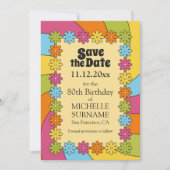 レトロ カラフル フラワー 60年代 グルーヴィー テーマにインスパイアされた セーブザデート (正面)