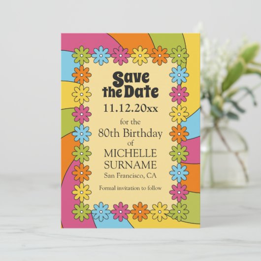 レトロ カラフル フラワー 60年代 グルーヴィー テーマにインスパイアされた セーブザデート (スタンド正面)