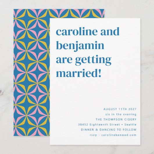 レトロ カラフル ブルー ジオメトリック モダン ウェディング RSVP 招待状 (正面/裏面)